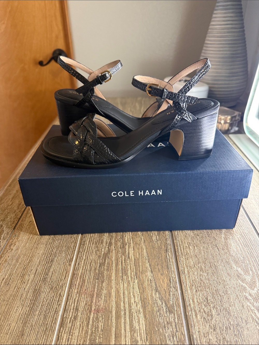 Cole Haan Black Braided Leather Block Heel Sandals with Ankle Strap